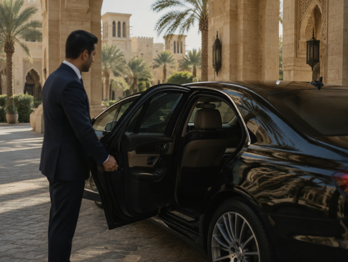 Chauffeur öffnet die Tür einer schwarzen Limousine vor einem Hotel
